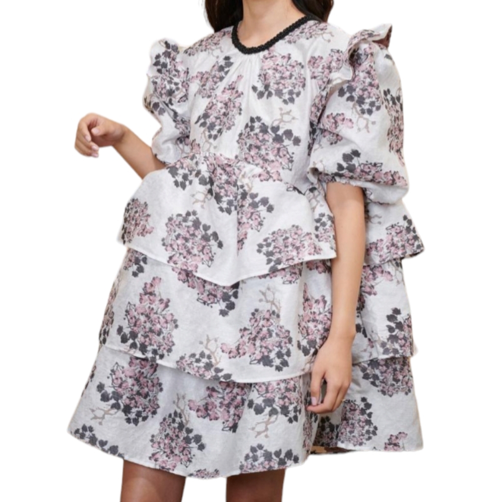 SISTER JANE M Dream Pink Black Floral Jacquard Ruffle Dress Mini Tiered Lux Puff